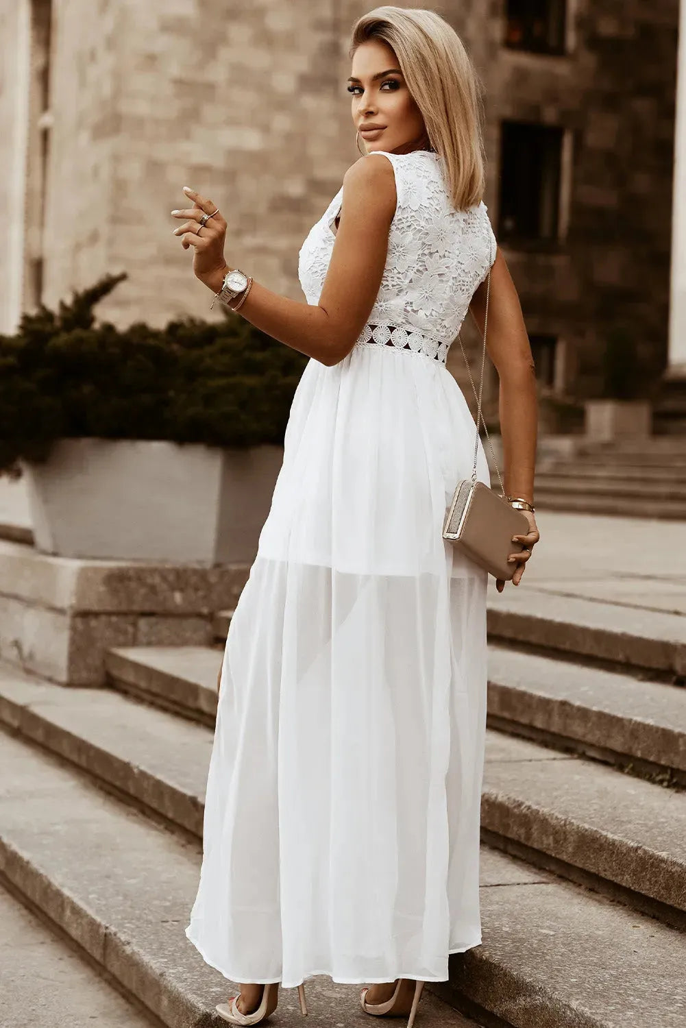 Slit Lace Detail V-Neck Dress Casual Dresses - Tophatter Daily Deals